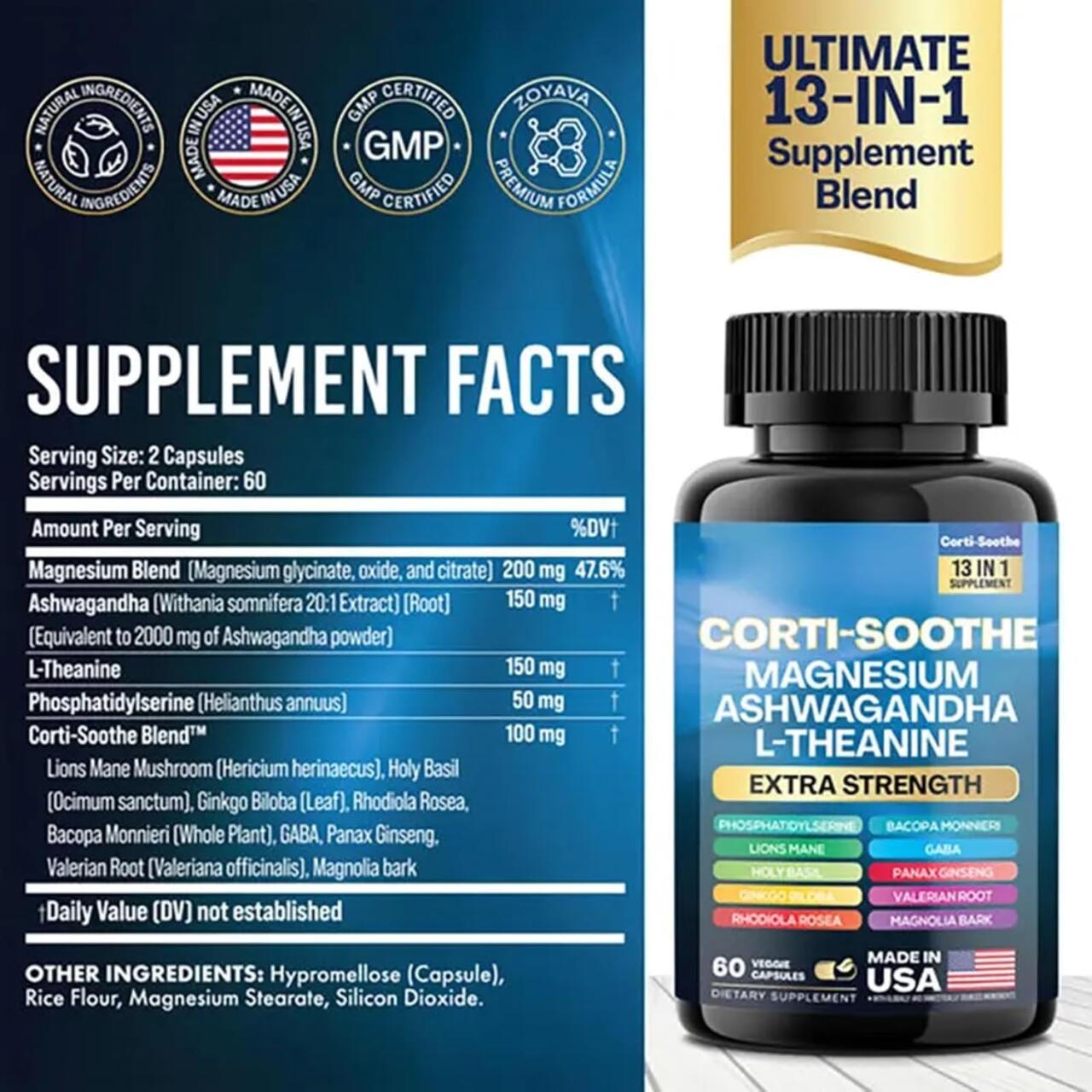 Suplemento Antiestrés Cortisol Balance – Magnesio Glicinato + L-Teanina + Ashwagandha 60 Cápsulas